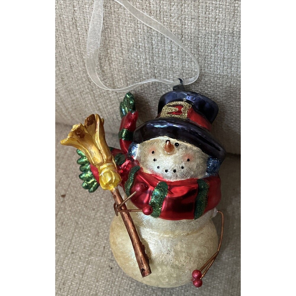 Snowman Holding Broom Stick Arms Hand Blown Glass Christmas Ornament